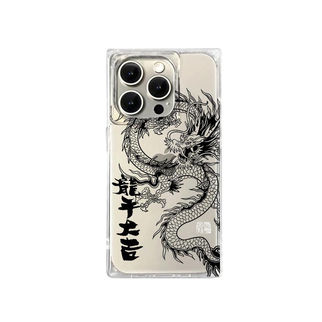 Прозрачный квадратный чехол-накладка для iPhone 11 16 ProMax 14 Pro Max 12 15 Plus 13 Защита от кислорода, рисунок свирепого дракона
