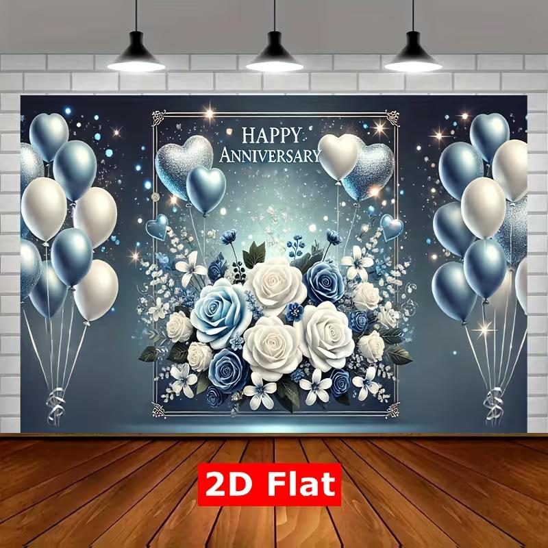 2D Anniversary Photo Backdrop Floral Balloon Party Decor Cloth