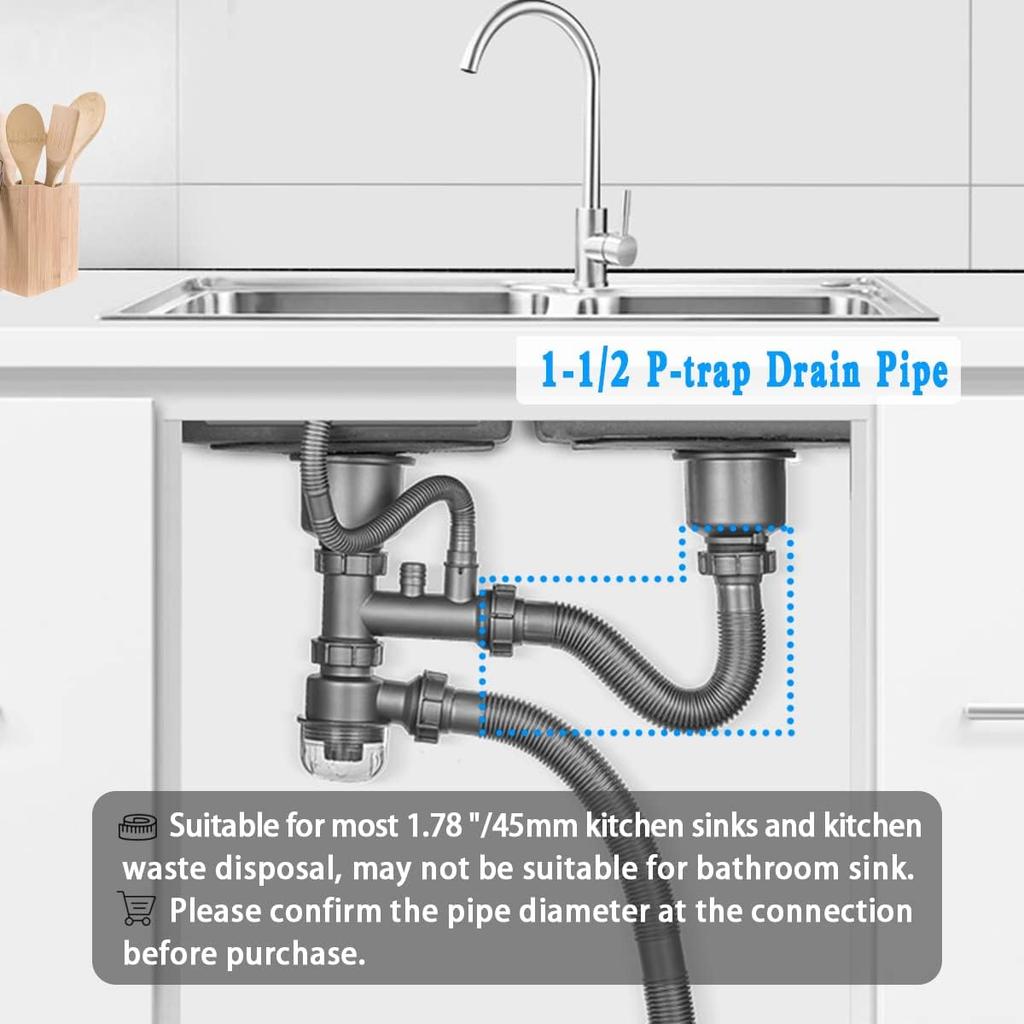 Flexible Sink Drain Pipe,Expandable Tubular Drain Tubing, Adjustable P Trap for Kitchen Sink & Garbage Disposal
