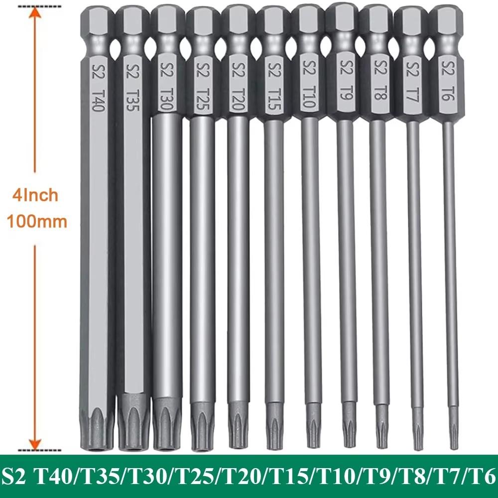 Набор из 11 бит Torx с магнитным шестигранным хвостовиком 1/4 дюйма из стали S2, длинные сверла, безопасные биты Torx T6-T40 50/100 мм
