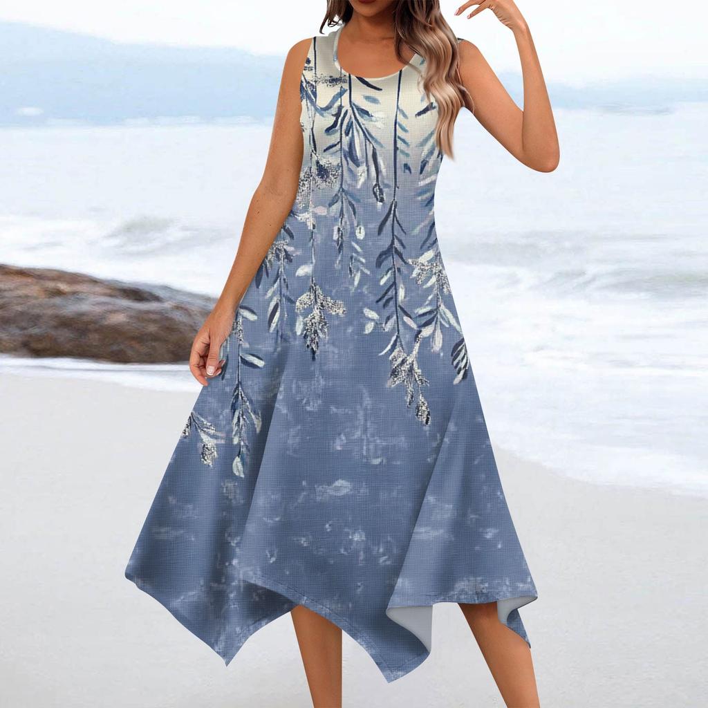 Женское повседневное модное платье миди без рукавов с круглым вырезом и цветочным принтом, нерегулярный подол