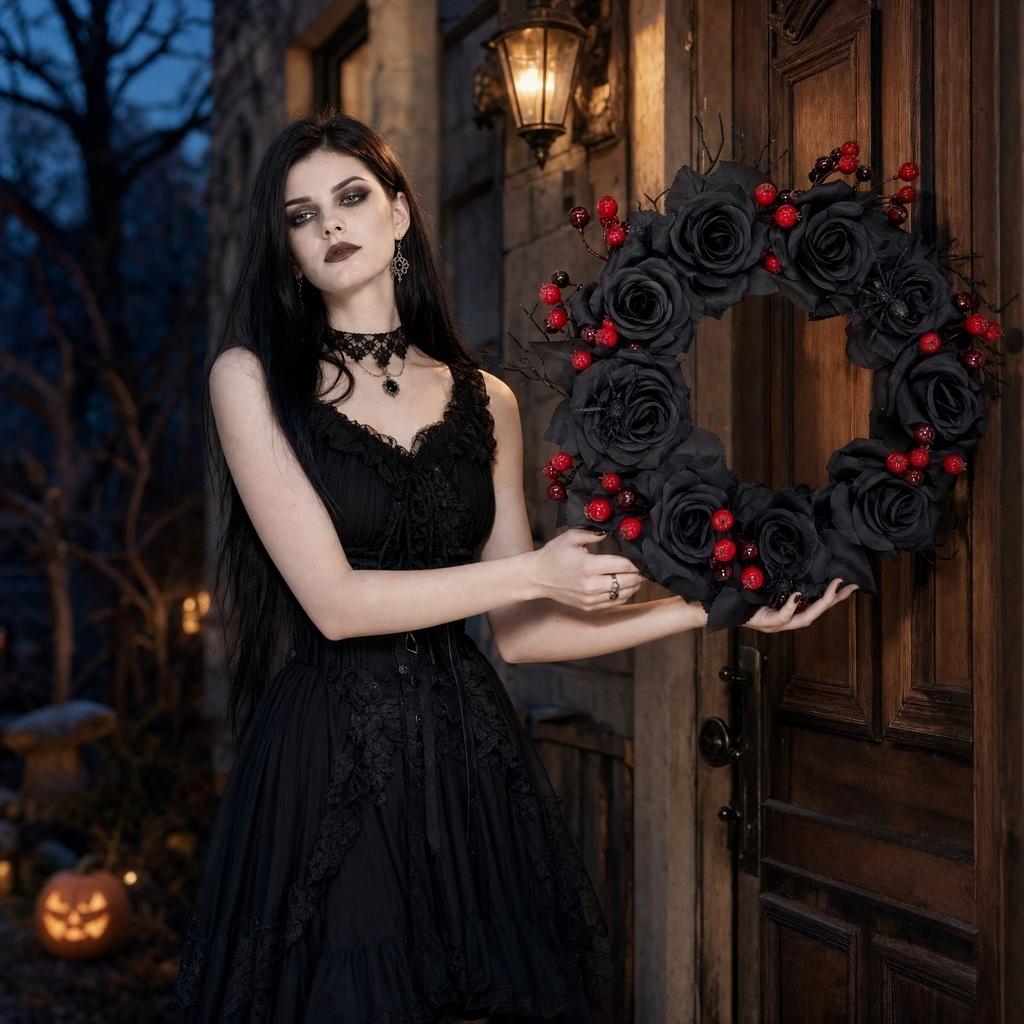 40cm Artificial Rose Branch Wreath with Simulated Spider and Berry Accents for Halloween Party Door Wall Window Decoration