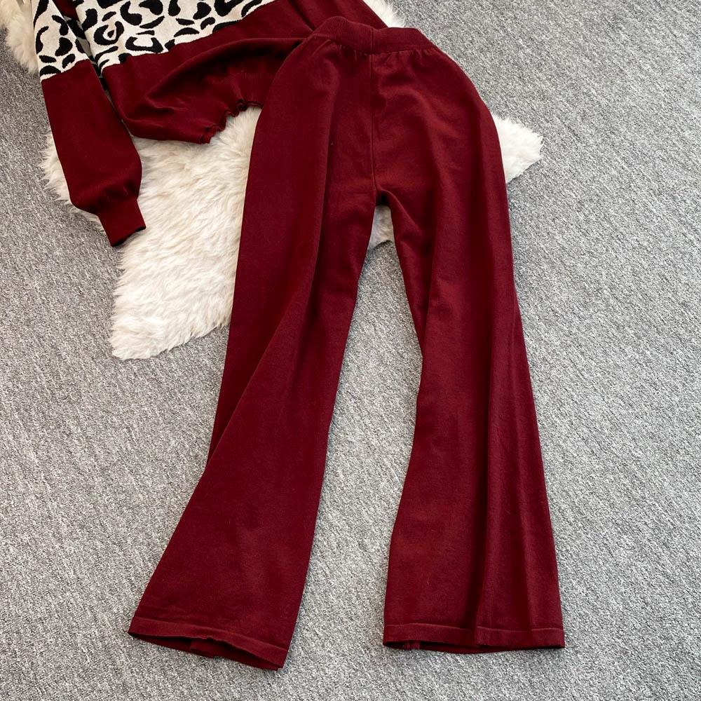 Autumn Winter Designer Print Leopard Knitted Sweater Trouser Two Piece Set Women O-neck Pullover Tops And Ankle Length Pants Suit