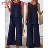 Bohemian Style Sleeveless Top And Wide Leg Pants Set With Polyester Fabric For Casual Summer Wear