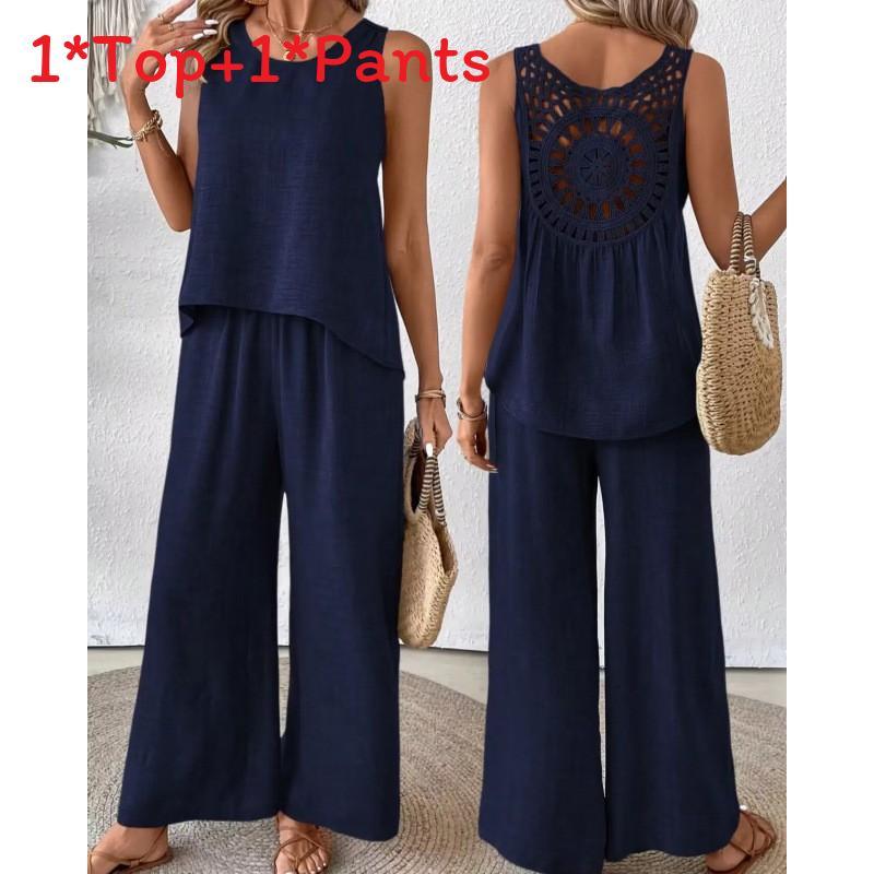 Bohemian Style Sleeveless Top And Wide Leg Pants Set With Polyester Fabric For Casual Summer Wear