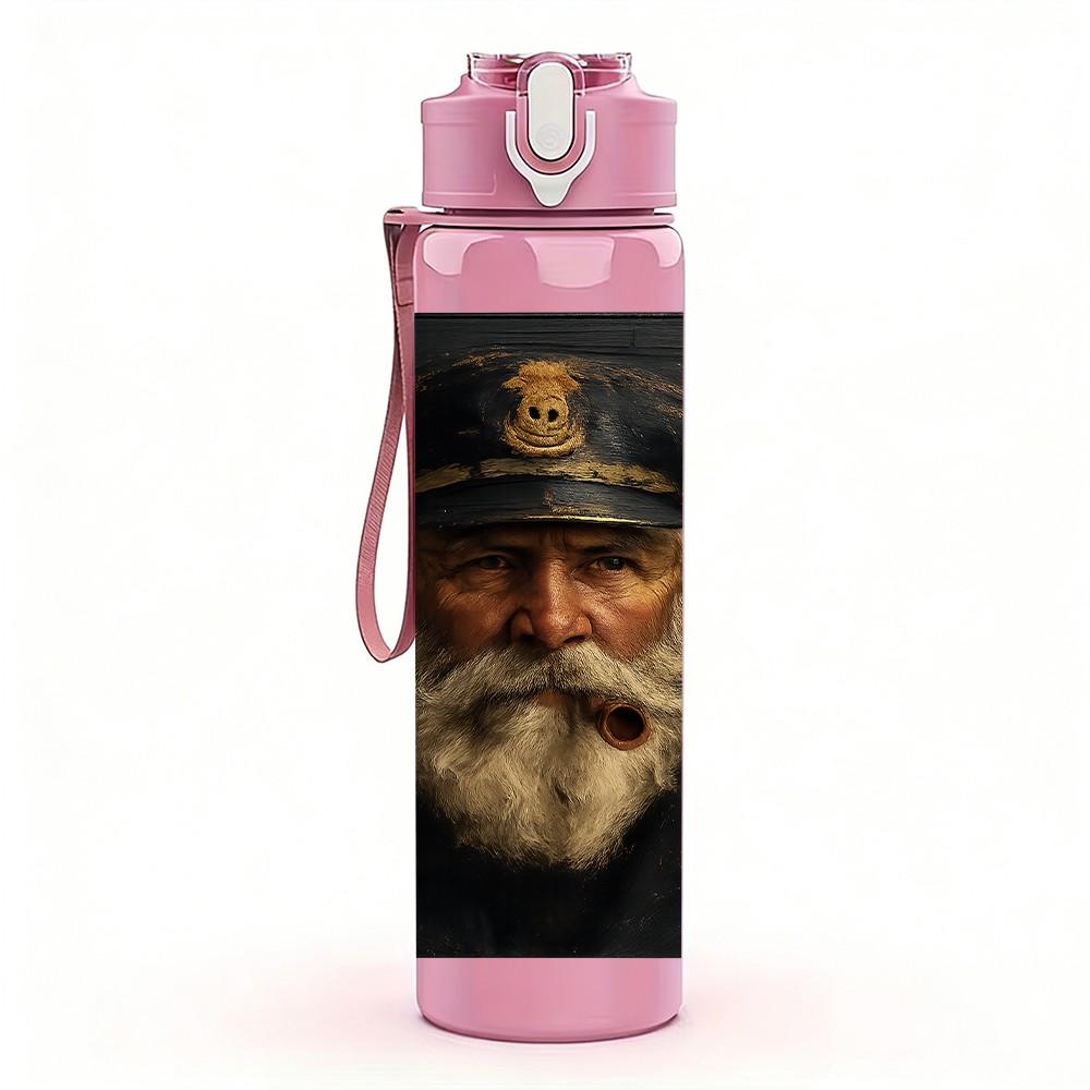 1PC Vintage Sea Captain Old Man Print 750ml Color Plastic Sports Water Bottle Leakproof Flip Straw Lid Suitable for Sports Office Home Use