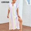 Summer Women's Plus Size Beach Cover-up Rainbow Colour Long Beach Sunscreen Dress Side Split V-Neck Beach Dress