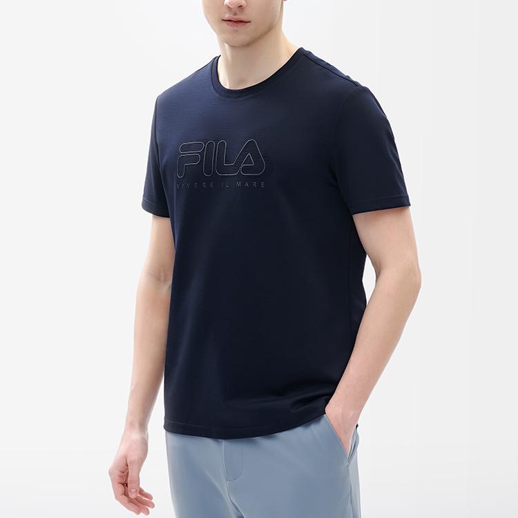 Fila Однотонная футболка с принтом логотипа-буквы, повседневная спортивная трикотажная футболка с коротким рукавом, мужские топы, легендарно-синий F11M227109FNV