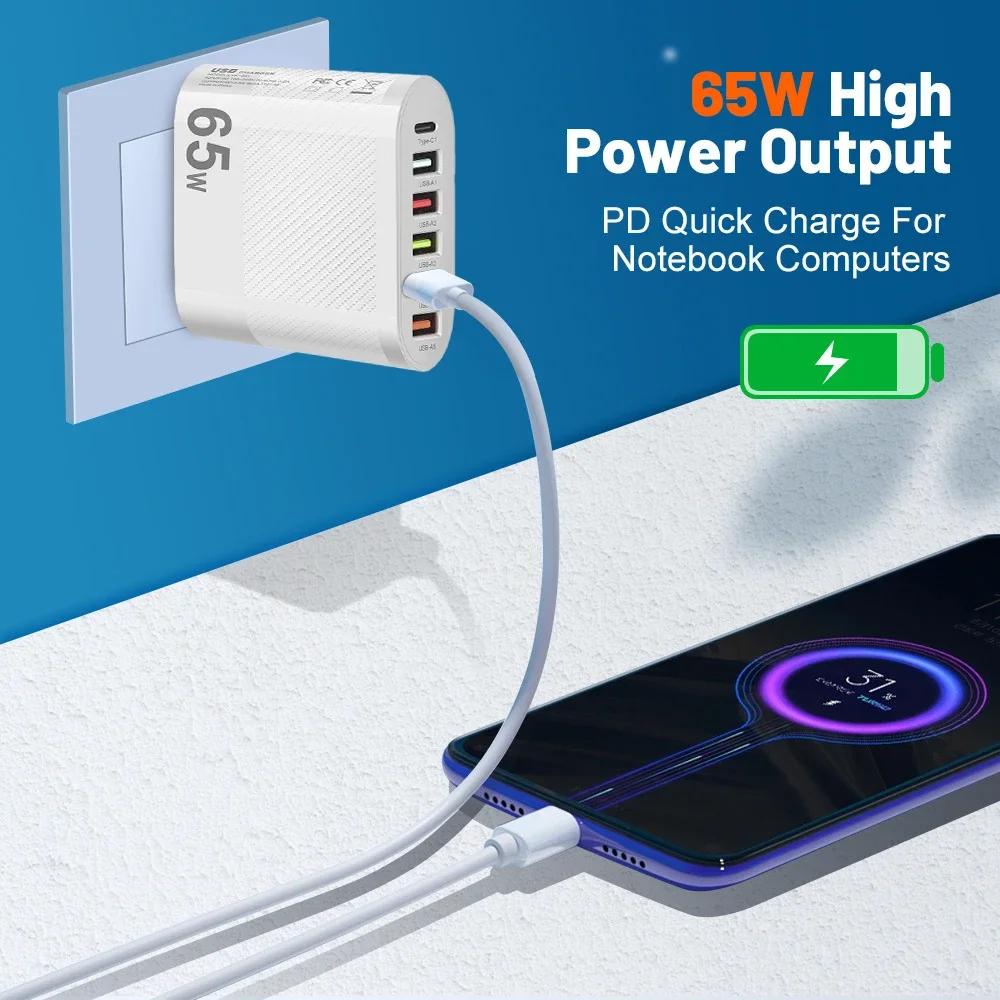 65W PD USB Charger 6 Ports USB Type C Charger Adapter Quick Charge 3.0 Fast Charging For iPhone 14 Samsung Xiaomi Mobile Phone