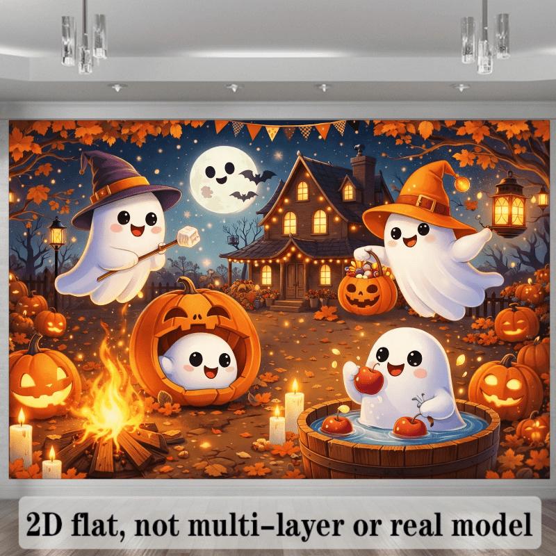 2D planar broom-themed Halloween background fabric, with two white ghosts in the center of the picture.zyc