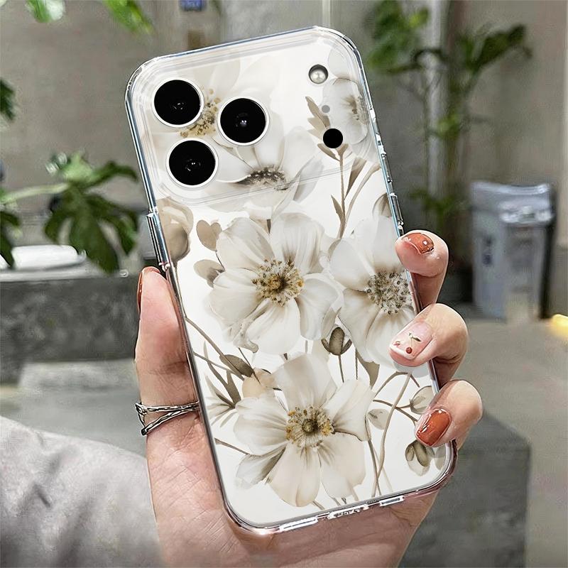 Чехол для iPhone 17 Pro Max Чехол iPhone 16 Pro Max 15 14 13 11 17E 16E Печать Белые Цветы Ударопрочный Прозрачный Мягкий ТПУ Силиконовый Чехол