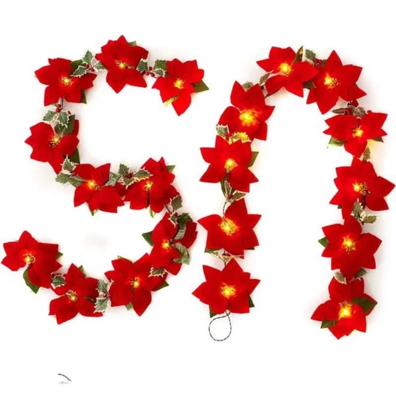 1 шт. 10/20 огней, рождественские цветы, украшения, гирлянды, гирлянды-искусственные украшения, декор для вечеринки в помещении/на открытом воздухе с красными ягодами, листьями падуба