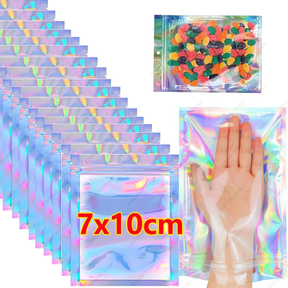 10-300PCS Laser Sealing Bags Plastic Holographic Candy Food Pouch Resealable Necklace Jewelry Gift Packaging Kitchen Storage Bag