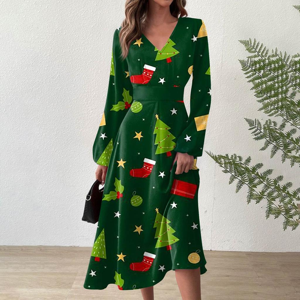 Женское осеннее и зимнее повседневное модное длинное платье с v-образным вырезом и длинным рукавом с рождественским принтом