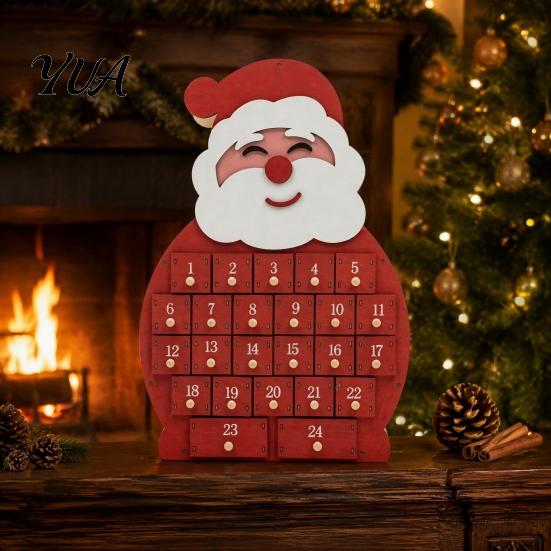 24 Day Countdown Box Wooden Santa Snowman Advent Calendar, 24-Day with Winter Holiday Keepsake Numbered Drawers, Christmas Tabletop Decor, Candy Mini