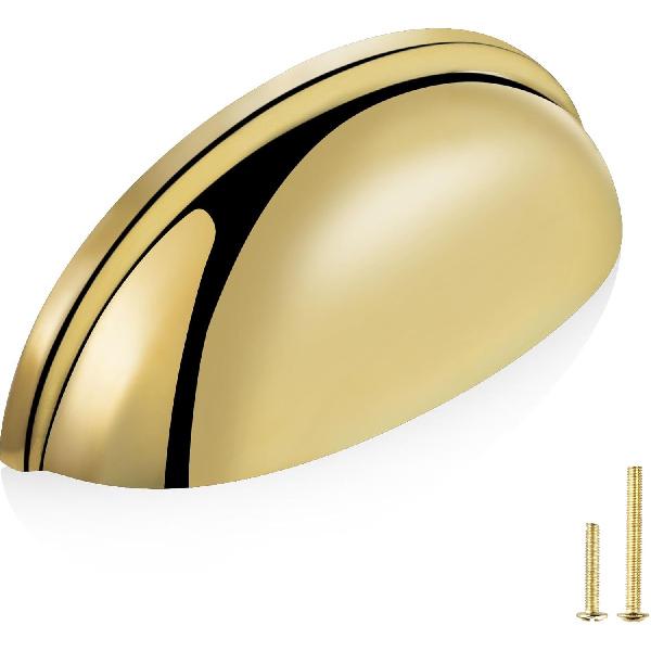 QOGRISUN 5-Pack Unlacquered Brass Cabinet Cup Pulls, Gold Bin Cup Drawer Dresser Handles, 3-Inch Hole Center, Kitchen Cupboard Hardware, Polished
