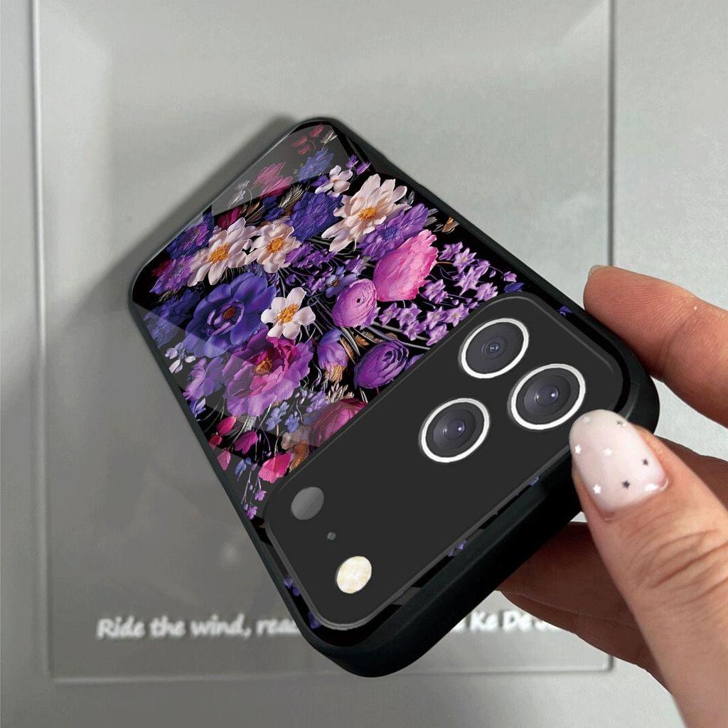 Ударопрочный чехол для iPhone 17 ProMax Pro, Винтажная масляная живопись, Фиолетовый цветочный чехол для телефона, Глянцевая акриловая задняя панель, ТПУ бампер