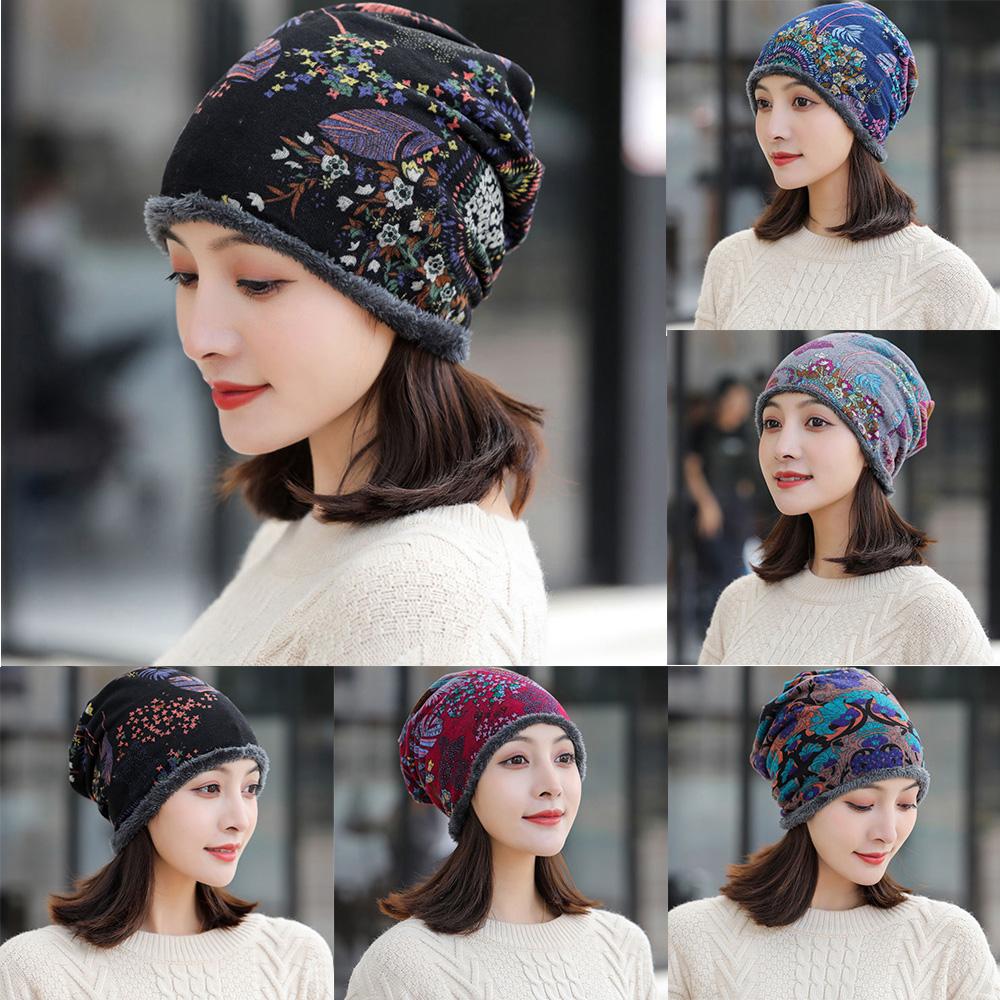 Soft Winter Fashion Warmer Soft Print Flower Neck Warm Women Hat Bib Hats Velvet Bonnet Beanie