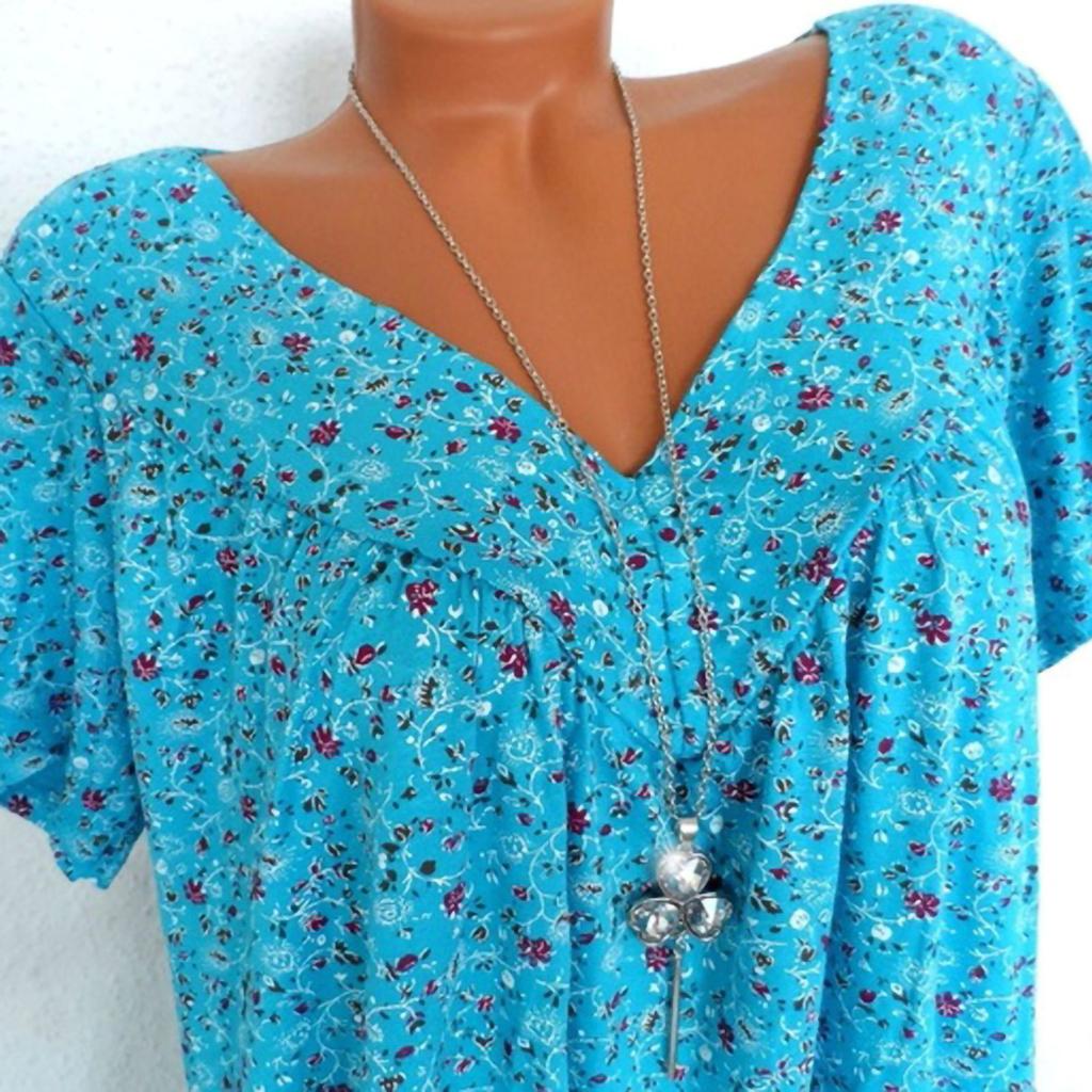 Women Plus Size Short Sleeves V-Neck Print Blouse Pullover Tops Shirt