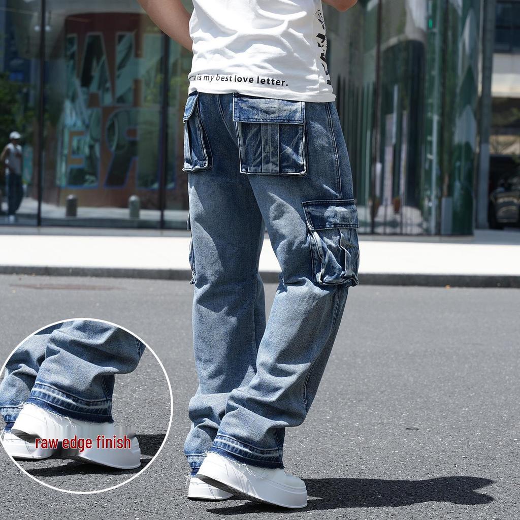 Мужские джинсы американского стиля с широкими штанинами и множеством карманов, свободные рабочие джинсы, большой размер