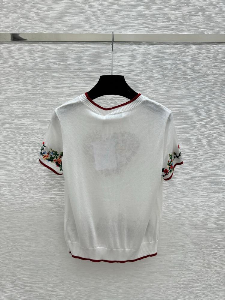 2026 Spring Floral Embroidered Knit Top - Fresh Academy Style, Round Neck, Short Sleeve