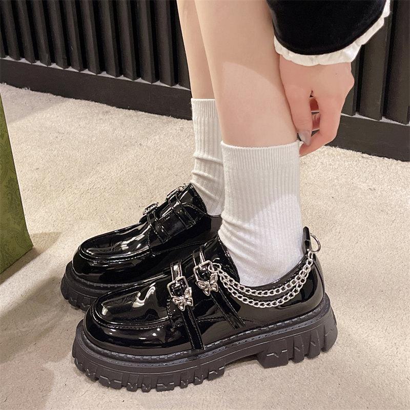Metal Chain Platform Pumps Women 2024 PU Leather Black Gothic Lolita Shoes Woman College Style Butterfly Buckle Mary Jane Shoes