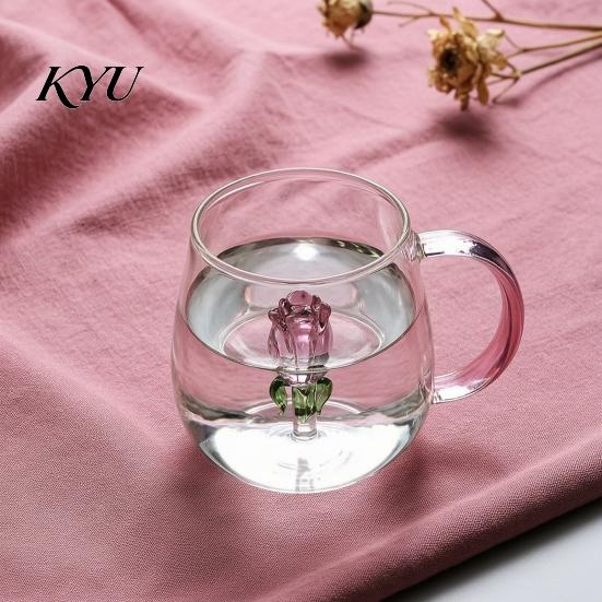 Crystal Wine Glasses Red Glass with Roses And Green Leaves Decorated, Clear Rose Decorated Goblet Decorative Glass, Elegant for Romantic Dinners
