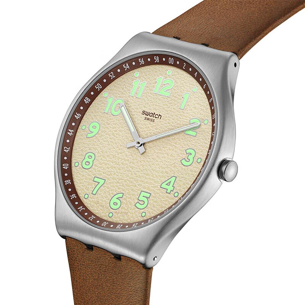 Swatch SKIN IRONY серия кварцевый механизм простой коричневый тон модные светящиеся часы 43 мм бежевый циферблат корпус из нержавеющей стали кожаный ремешок SS07S135