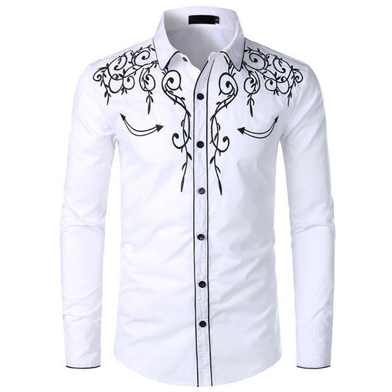 Mens Western Cowboy Shirt Long Sleeve Retro Embroidery Casual Buttons Down Shirt