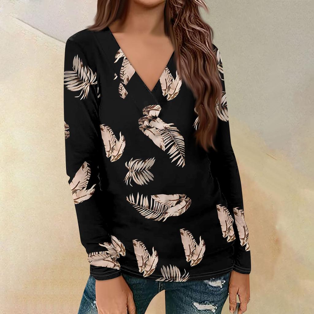 Women's Casual Printed Long Sleeve Loose V-Neck Pullover Top