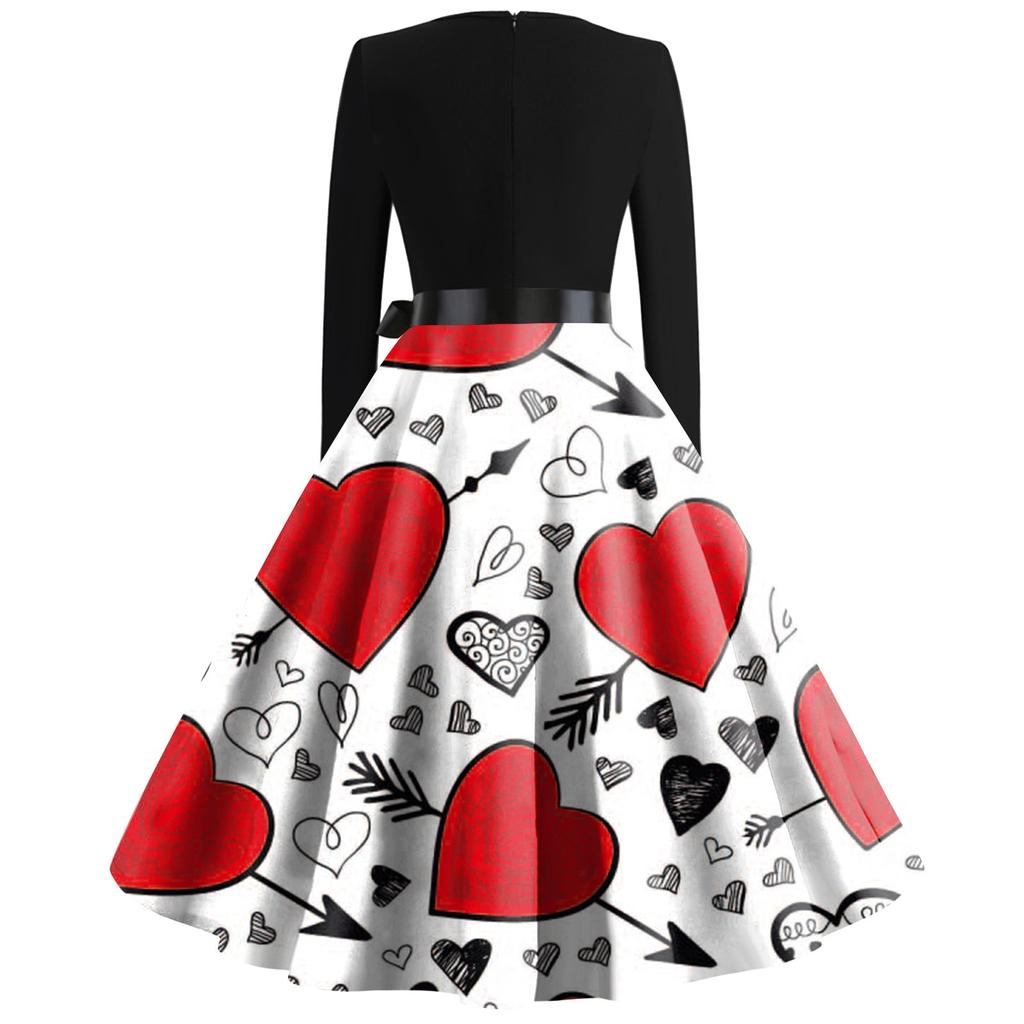 Women's Casual Valentine's Day Print Round Neck Pullover High Waist Long Sleeve Dress
