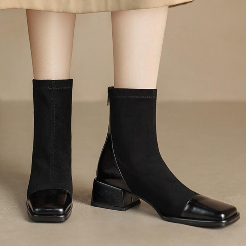 Модные женские туфли с квадратным носком и толстым каблуком, короткие сапоги, новые осенне-зимние лаконичные эластичные узкие туфли на высоком каблуке Zapatos De Mujer
