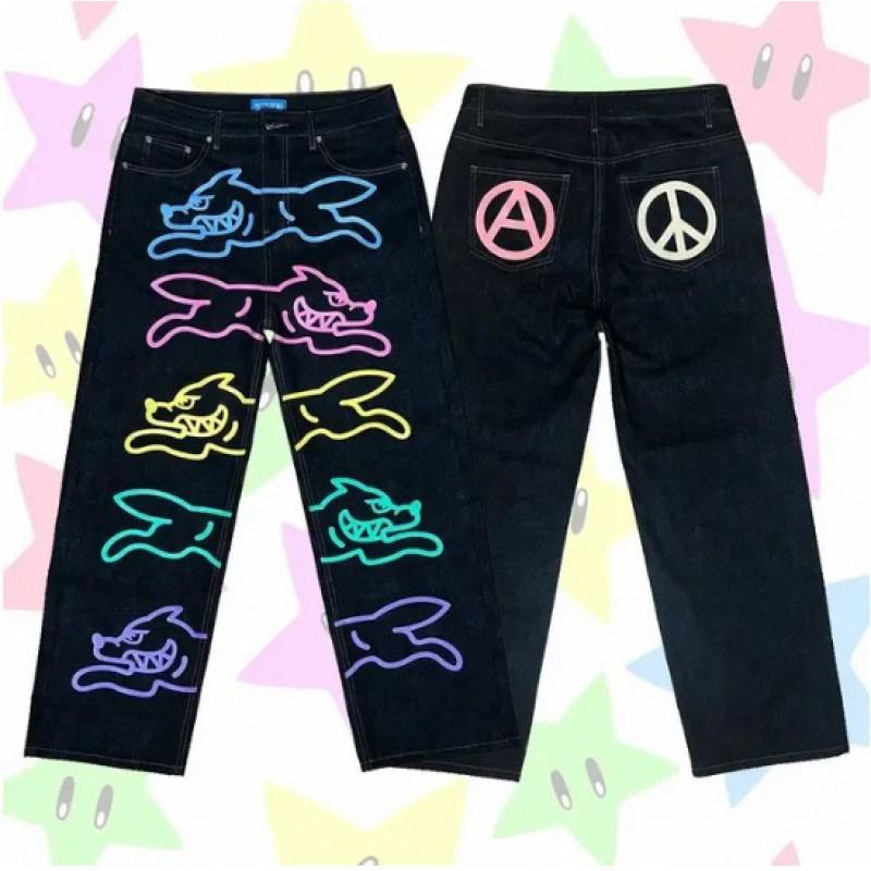 Mens Y2K Harajuku Hip Hop Dog Print Loose Fit Straight Jeans Fall Casual Wear