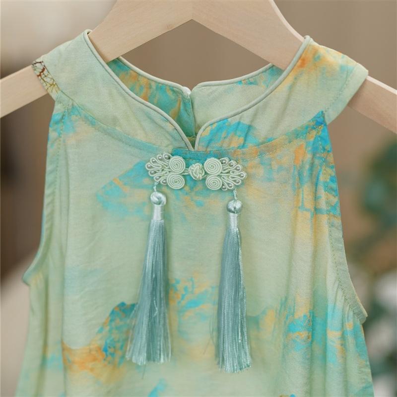 Girls Summer Thin Chinese Floral Print Qipao Vest Dress Kids Elegant Sleeveless Cheongsam Dress For Children