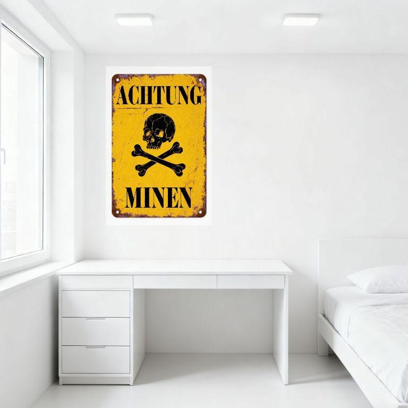 Винтажный Achtung Minen Немецкий Предупреждение Минное поле Металлическая Жестяная Табличка Потертый Череп с Костями Желтый Ретро Декор Стен для Бара Мужского Кабинета