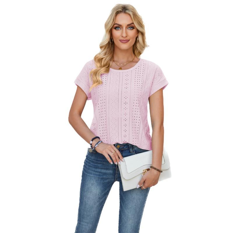 Women's Spring Summer Loose Round Neck Perforated Lace Solid Color T-shirt