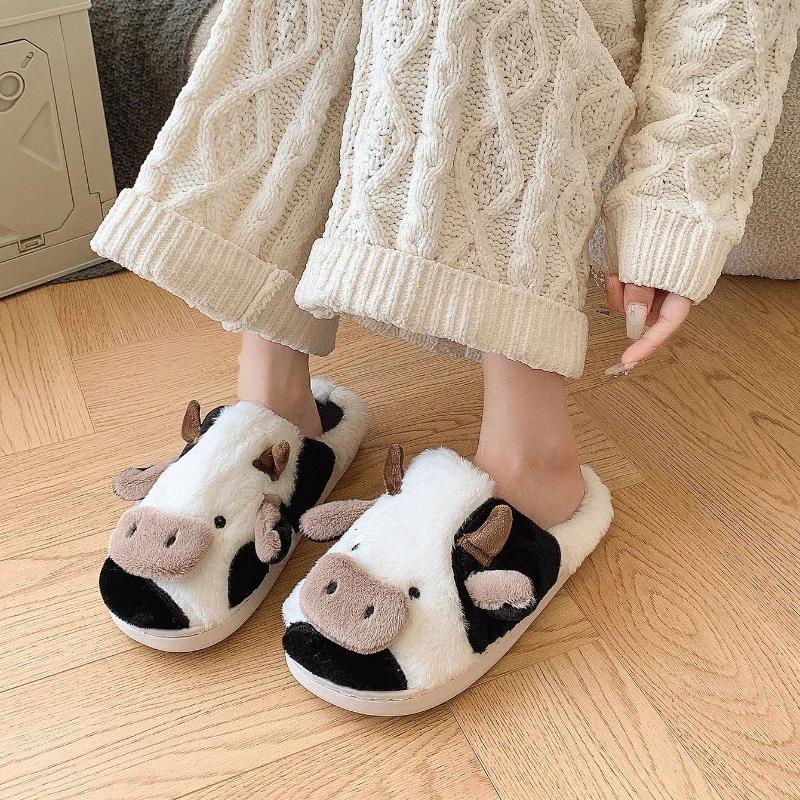 Милые плюшевые хлопковые тапочки для женщин, зимние теплые уютные пушистые тапочки из коровьего молока, нескользящие мягкие пушистые домашние тапочки