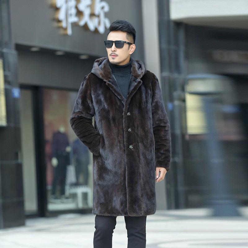 Men's Hooded Mink Fur Coat Mink Velvet Men's Whole Mink Long Leather Coat Mink Fur Fur Fur Coat Windbreaker