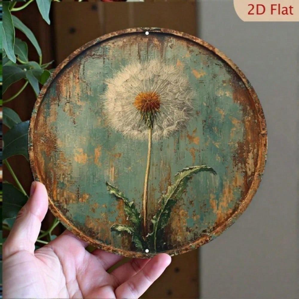 Vintage Dandelion Round Metal Sign 8x8 Inch Rustic Farmhouse Wall Decor Aluminum Art for Autumn Garden Yard Home Living Room
