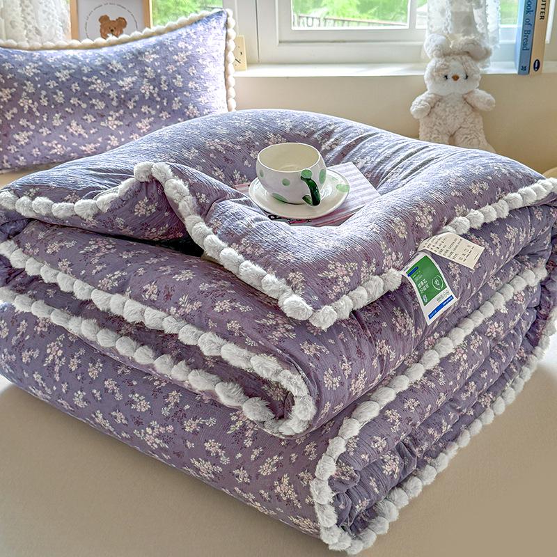 Утолщенное зимнее кружевное одеяло с помпонами – Теплый хлопок для односпального/двуспального общежития, Весна/Осень