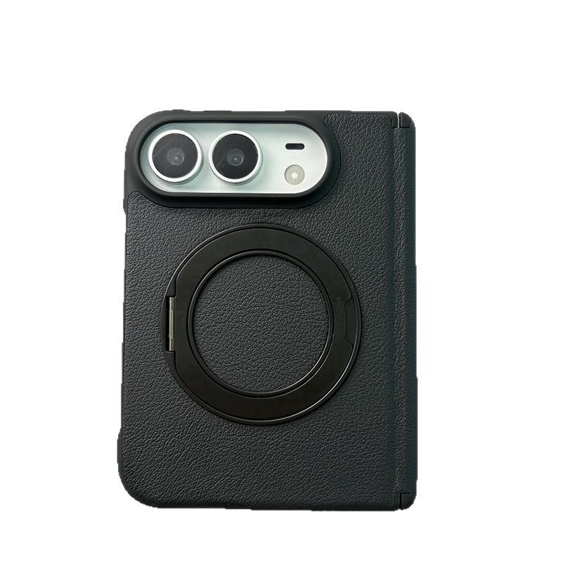IPhone 18 Duo Foldable Phone Case With 360 Rotating Stand Magnetic Mid-Hinge Full-Body Leather Cover Anti-Drop Protection
