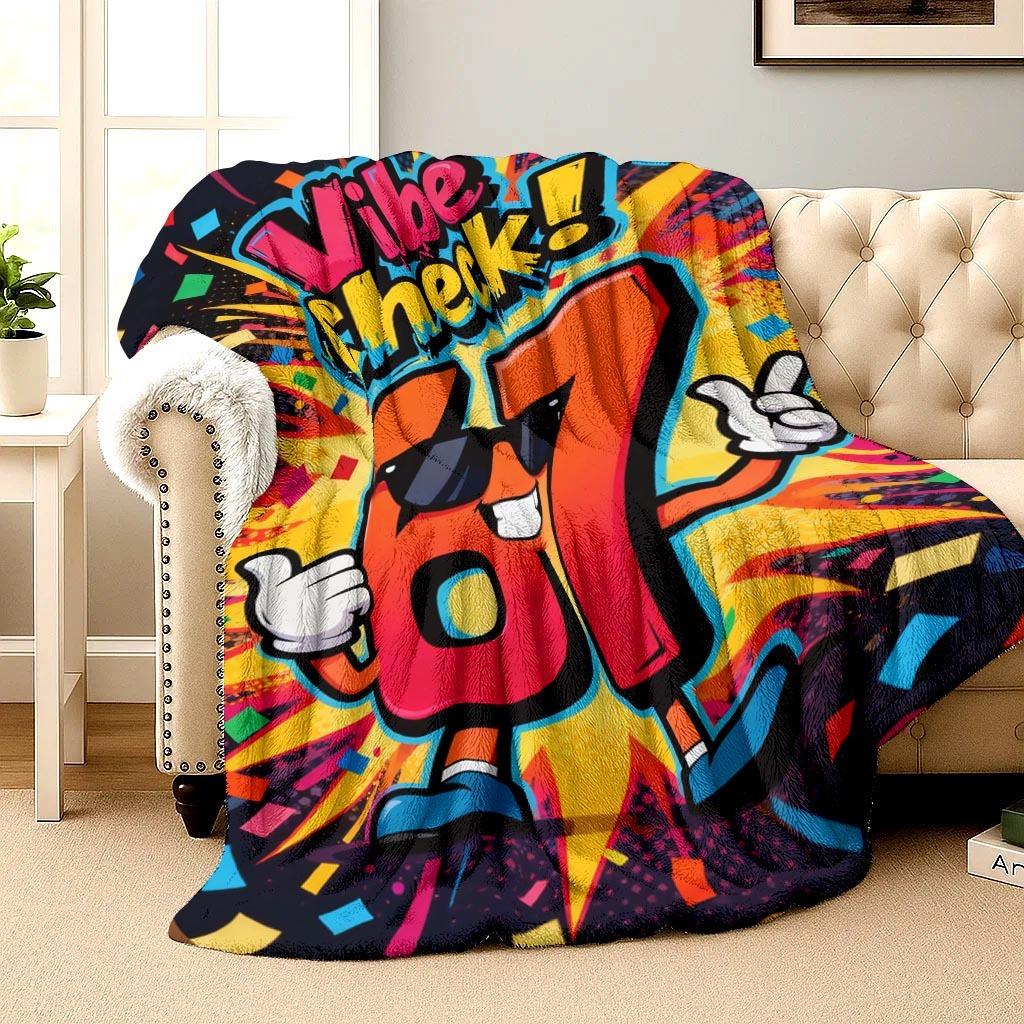 Funny Vibe Check 67 Flannel Blanket Retro Cartoon Number Print Soft Warm Throw Blanket for Sofa Bedroom Home Decor Multiple Size