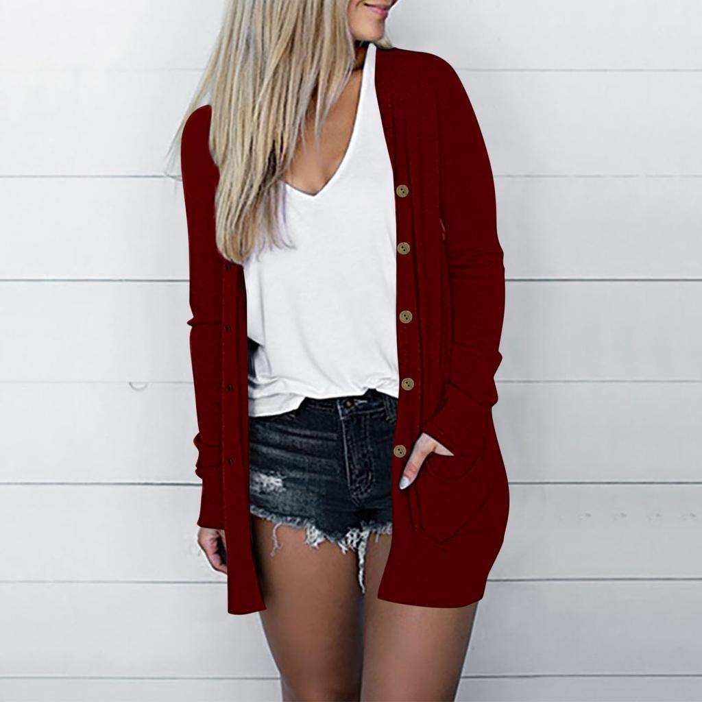 Женская мода Свободный повседневный карманный однотонный кардиган с длинными рукавами на пуговицах Куртка Топы