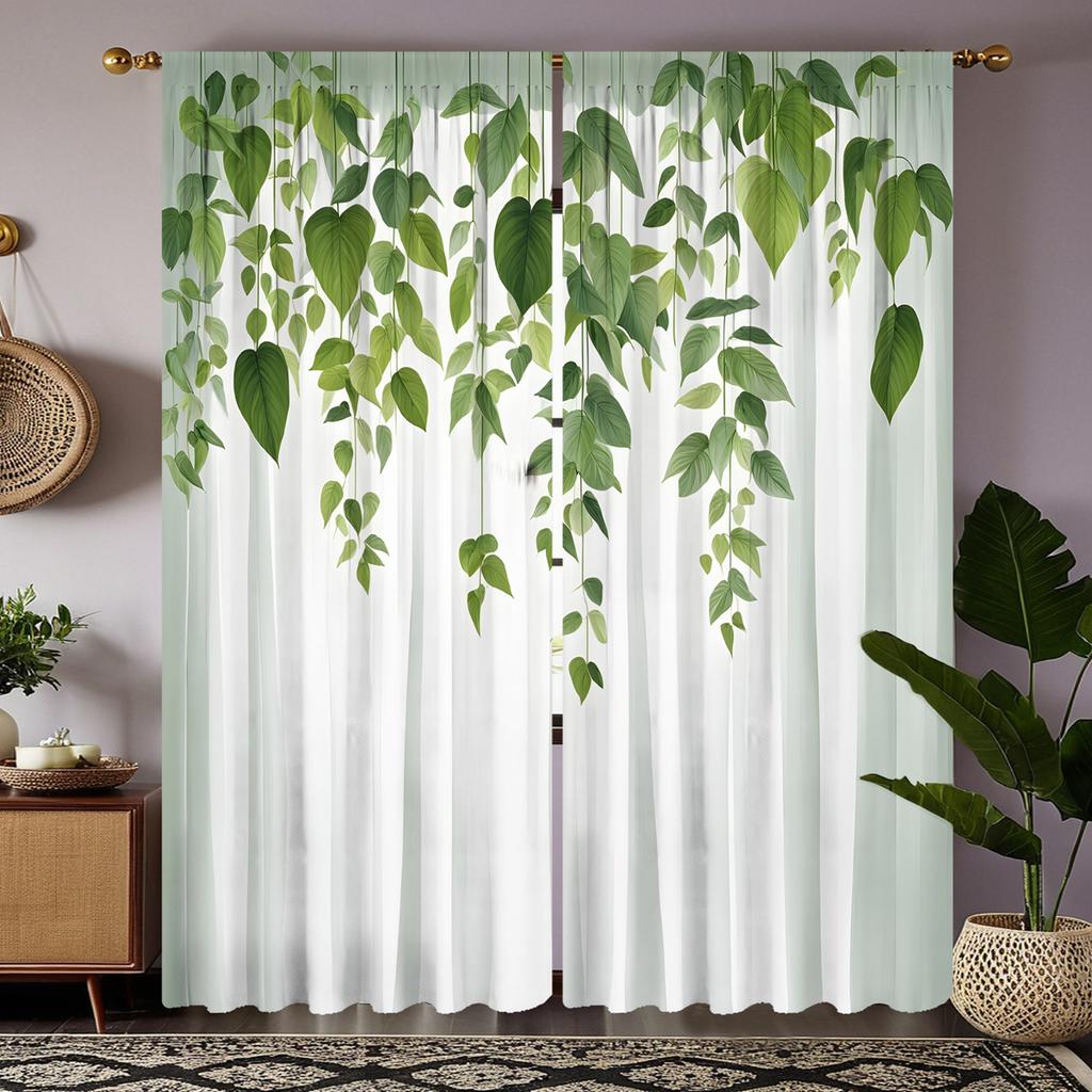 2pcs HD Pastoral Style Small Fresh Weeping Willow Decorative Curtain Green Digital Printed Curtain Home Decoration Style Deco