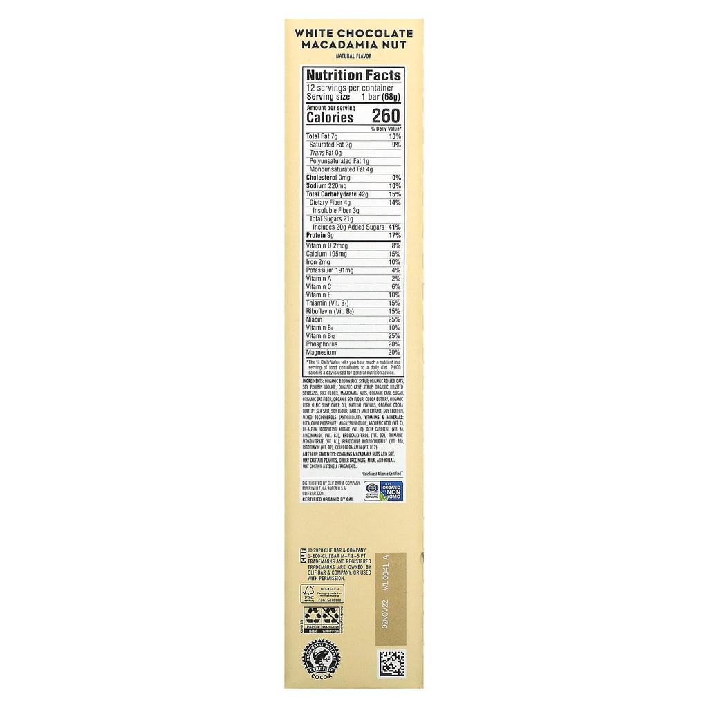 Clif Bar Energy Bar, White Chocolate Macadamia Nut, 12 Bars, 2.40 Oz (68 G) Each