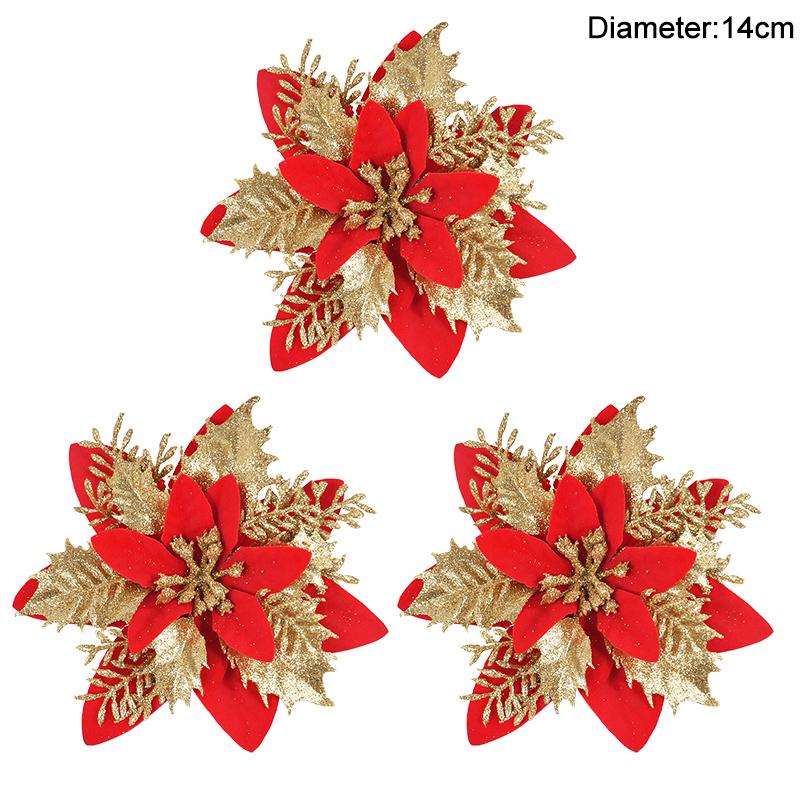 3/10pcs 14cm Christmas Flowers Glitter Red Gold Flower Head Xmas Tree Ornament New Year Decorations for Home Navidad Noel Gifts
