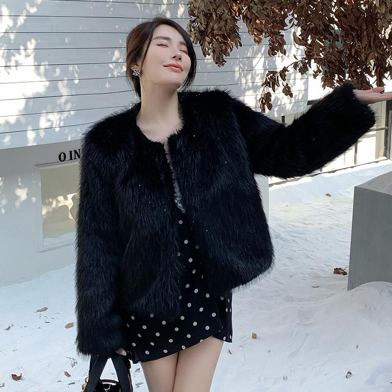Осенне-зимние теплые пальто из лисьего меха с длинным рукавом, женские винтажные элегантные свободные куртки с круглым вырезом, женские однотонные повседневные женские куртки верхней одежды 25519