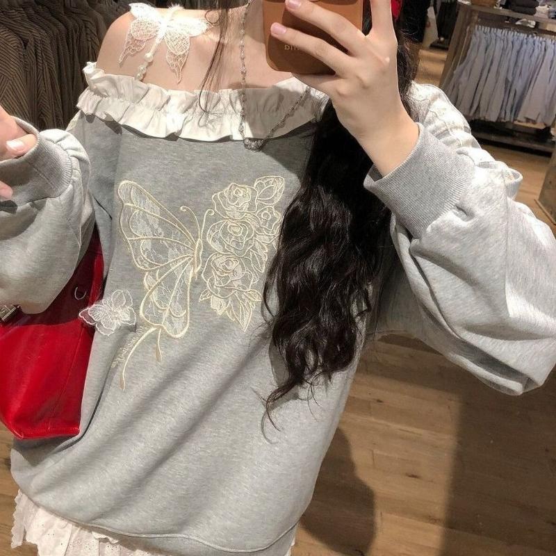 Butterfly Embroidered Women's Sweatshirt One‑shoulder Ruffled Lace Long Sleeved Pullover Korean Version New Style Sweet Woman Top