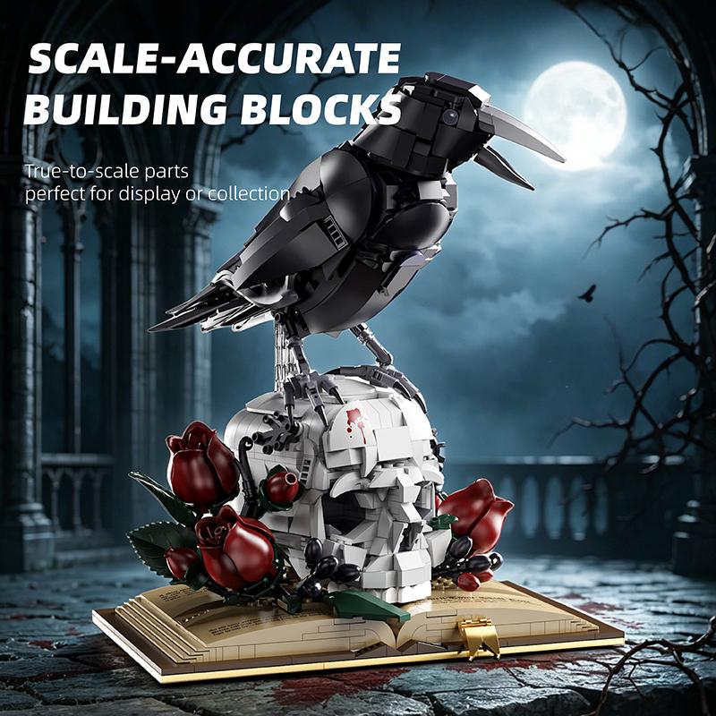 Dark Academia Gothic Crow Skull MOC Building Blocks Spooky Raven Desk Decor Creative Bricks Assembly Toy Holiday Gifts 1358Pcs