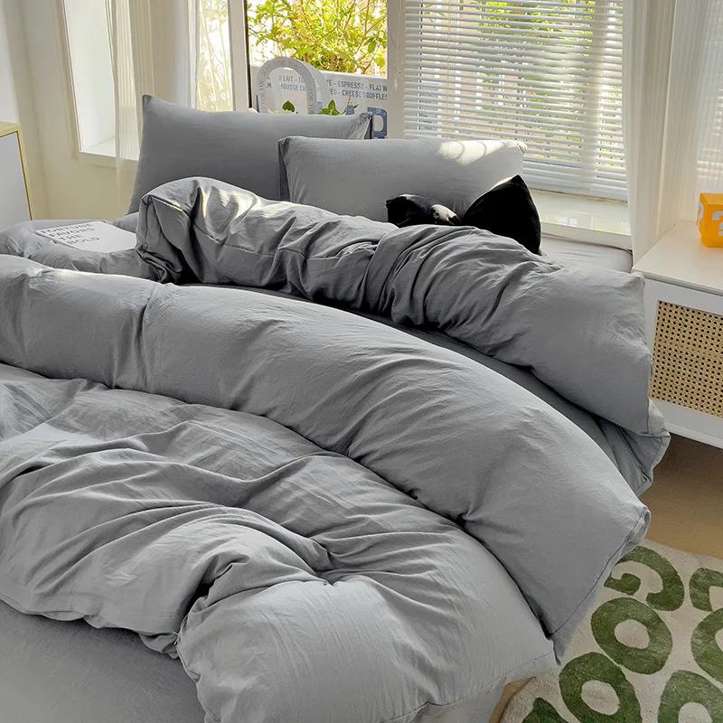 Solid Cotton Bedding Set For Boys with Sheet Duvet Cover Pillowcase Single Couple Bedsheet King Queen Double Twin Size Bed Linen